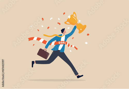 Success winning businessman, achievement, succeed performance or business victory, career success, goal or target accomplishment concept, success businessman running reach finish line with trophy.