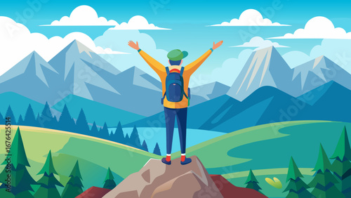 Person with backpack standing on mountain top with arms up