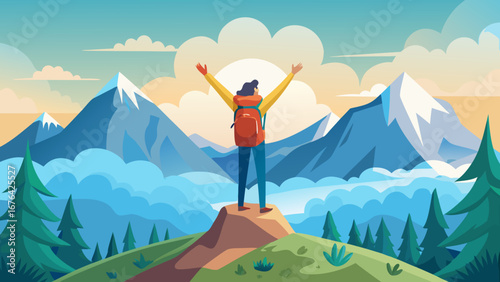 Person with backpack on mountain top with arms raised