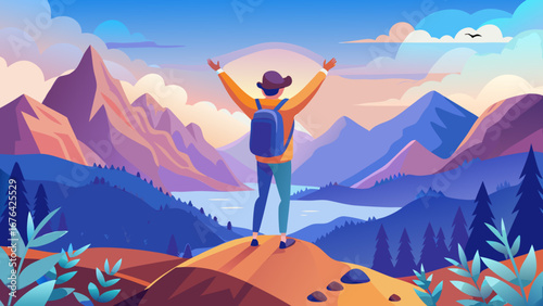 Person with backpack enjoying mountain top view scenery