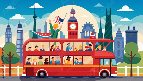 Red double decker bus tour with city skyline backdrop