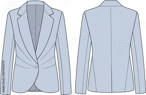 Stylish women’s blazer flat sketch, single button jacket, front back view, CAD technical drawing, fashion vector template, tailored coat
