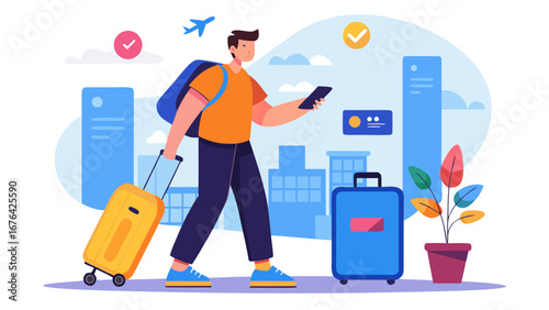 Man traveling with luggage and using a mobile device