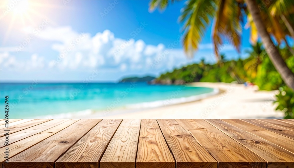 Fototapeta premium Tropical beach paradise with turquoise sea and wooden deck in a sunny day. Concept for seasonal product display, summer promotions and holiday festival ads