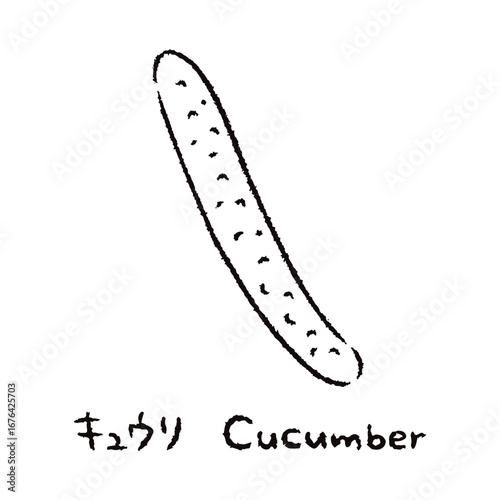 手描きのキュウリ2_名称入_白黒
