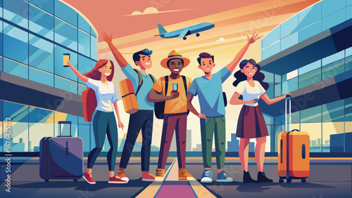Group of friends waving at airport before their travel