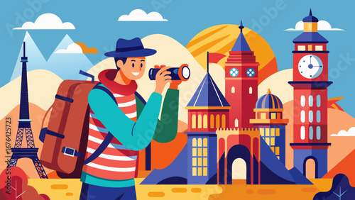 Man with backpack looking at landmarks through telescope