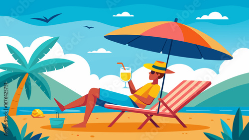 Man relaxing on beach chair with cocktail under umbrella