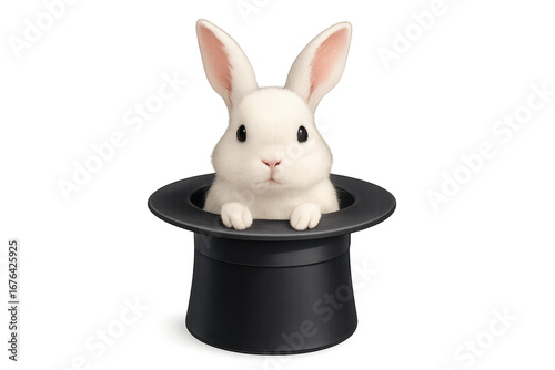 White rabbit emerging from magician top hat on transparent background