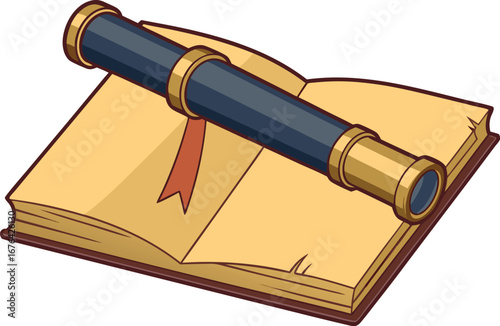 Antique spyglass resting on an open book with a bookmark symbolizing discovery and knowledge
