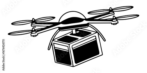 Drone delivering a package with four rotors and a dome shaped top in a black and white line drawing style