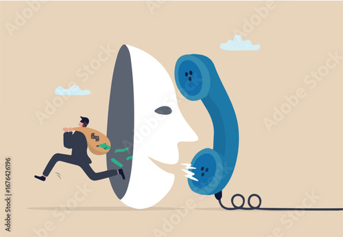 Phone scam, fraud or stealing money crime, cyber online safety hacking, thief with fake phone call or chat, illegal dishonesty concept, thief stealing money from mask talking on scam phone call.