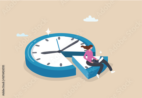 Part-time job, work tracking system, day planning or time management, side hustle or office work deadline, start and end time schedule concept, businesswoman working with laptop on split time clock.