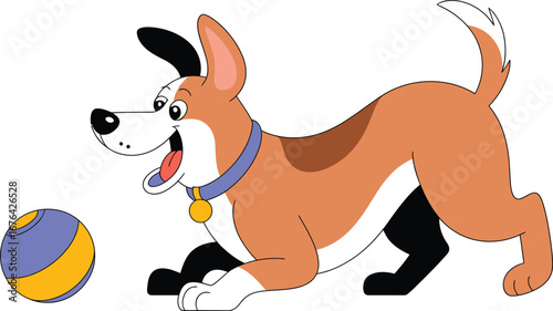 Happy cartoon dog playing with a ball
