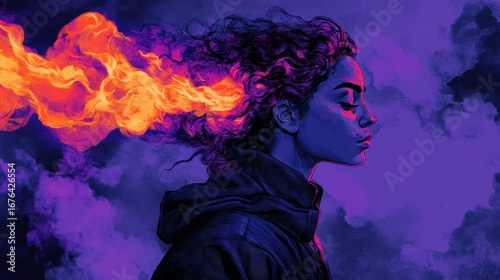Surreal Portrait of a Woman with Flames and Bold Colors