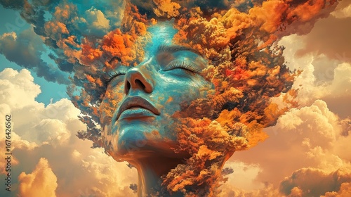 Dreamy Woman with Colorful Clouds for Surreal Fantasy Artwork