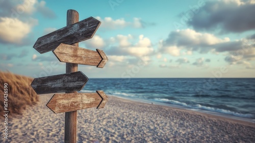 Weathered Signpost on Beach with Directional Arrows and Ocean View