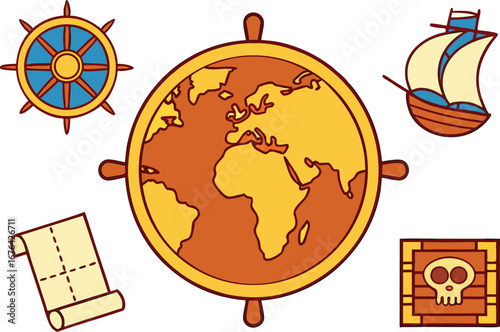 Nautical adventure and exploration elements including a globe ship s wheel sailing ship treasure map and treasure chest
