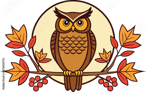 Wise owl perched on autumn branch surrounded by colorful falling leaves and berries in a circle