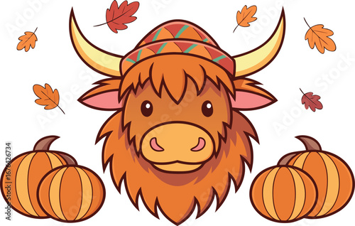 Cute cartoon highland cow wearing a cozy knitted hat surrounded by pumpkins and falling autumn leaves