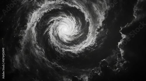 Monochrome Swirling Galaxy with Ethereal Clouds and Stars