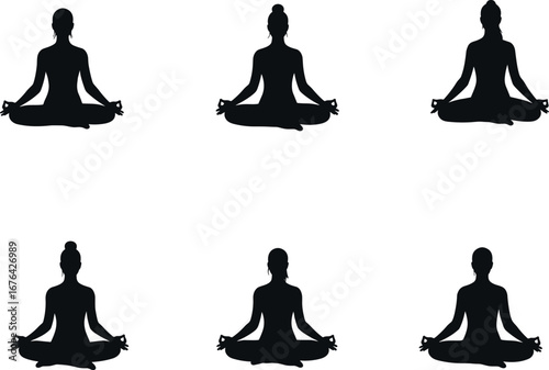 Silhouettes of women meditating in lotus position, yoga and mindfulness practice, calmness, relaxation, wellness, mental health vector illustration