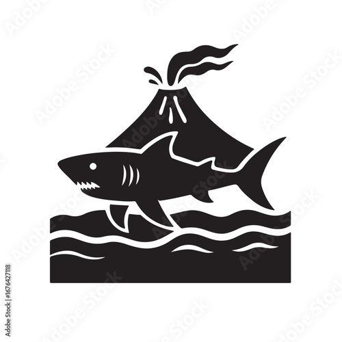 shark swimming through lava in a volcano scene, silhouette vector illustration