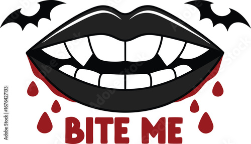 Vampire woman s sensual lips with fangs and dripping blood and bats bite me