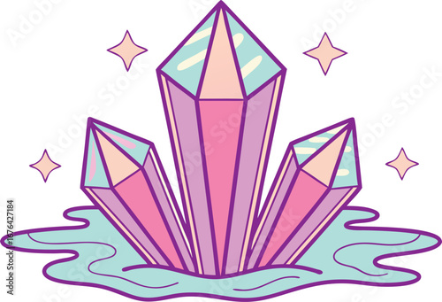 Three large pink and purple crystals emerging from shimmering blue water with sparkling stars