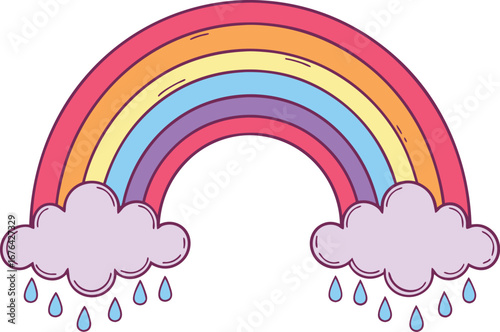 Vibrant hand drawn rainbow with fluffy clouds and falling raindrops on a white background