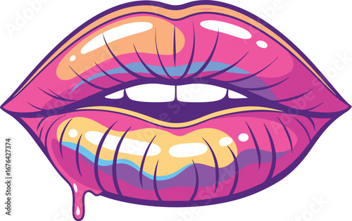 Vibrant pink lips with colorful drips and glossy texture expressing sensuality and style