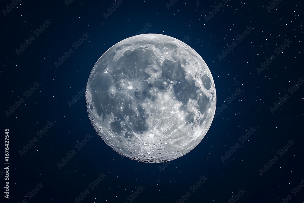 Obraz premium Full Moon Surface Texture with Craters Against a Starry Dark Blue Night Sky