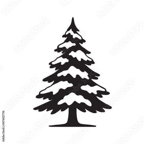 Snow covered pine tree, silhouette vector illustration