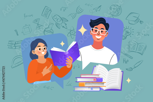Book club and online learning concept. A man and woman share ideas from literature in a virtual community, representing a discussion forum for education and self-improvement.