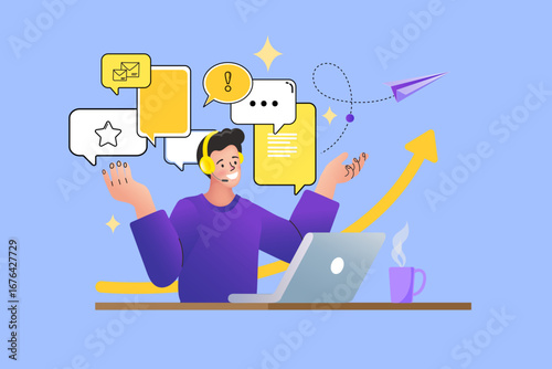 Customer service and technical support concept. A friendly call center agent with a headset and laptop helps clients online, providing solutions and assistance.