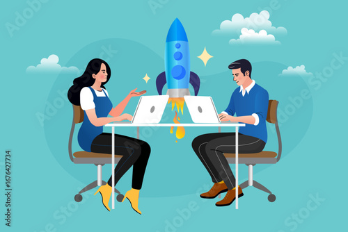 Business innovation and project development concept. A creative team collaborates on a tech startup, launching a rocket as a metaphor for a successful product and rapid growth.