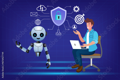 Business automation with artificial intelligence. A man gets support from an AI chatbot or virtual assistant to optimize his business strategy and secure his cloud data.