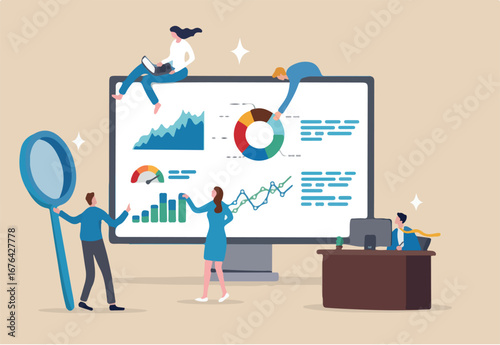 Chart and graph, datum research statistics, inforgraphic financial review, project planning diagram, business information analysis, business people help analyze data on computer monitor dashboard.