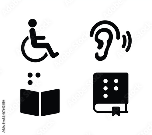 Accessibility icons vector set for special needs support, wheelchair user, hearing impairment, Braille literacy, disability rights, inclusive classroom, assistive technology, education tools