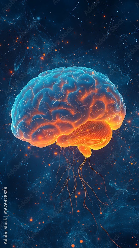 Naklejka premium Glowing Human Brain Illustration Neural Network, Orange Light, Blue Background, Artificial Intelligence