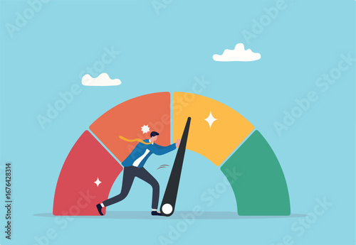 Push skill level, credit score or increase performance, improvement or effort to be better, excellent customer feedback review, gauge scale rating concept, businessman pushing skill performance gauge.