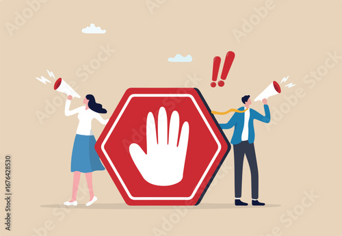 Forbidden warning, prohibition, don't do or stop rule, false or restriction, danger, bad hazard disallow message, illegal or ban concept, business people announce forbidden message with prohibit sign.