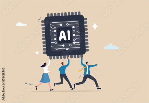 Embrace AI, Artificial Intelligence adoption, user or people who use AI to help and support work success, innovation or revolution to change business concept, business people carry AI processing chip