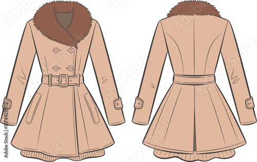Winter trench coat flat sketch, fur collar outerwear design, belted double breasted coat, fashion CAD drawing, front back view vector