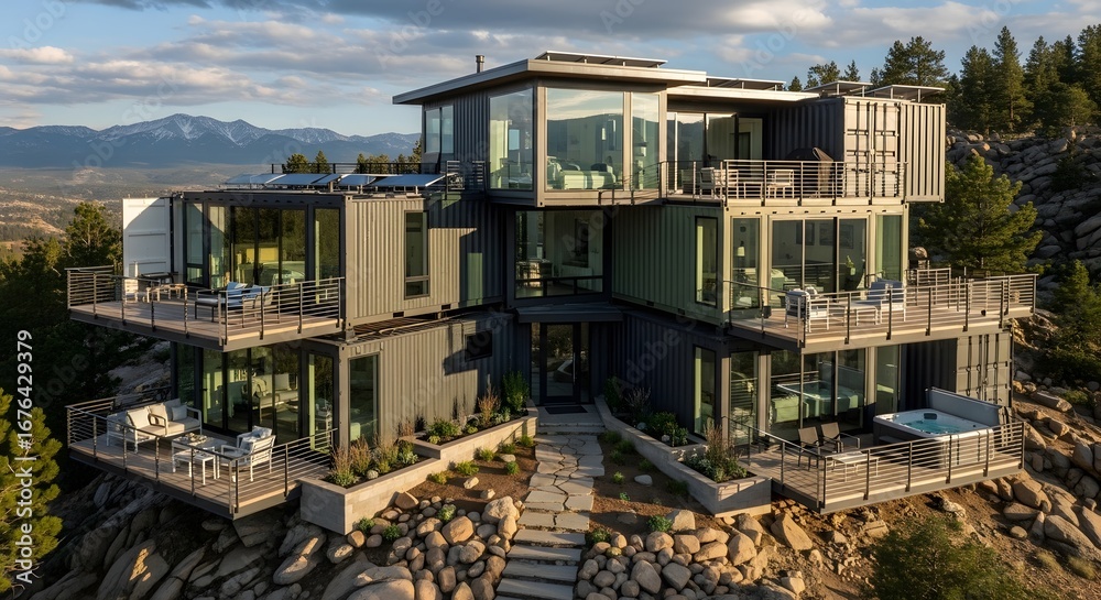 Fototapeta premium Modern Mountain Home Built with Shipping Containers A Sustainable and Innovative Design