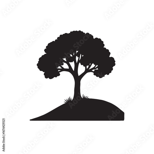 Tree on hilltop, silhouette vector illustration
