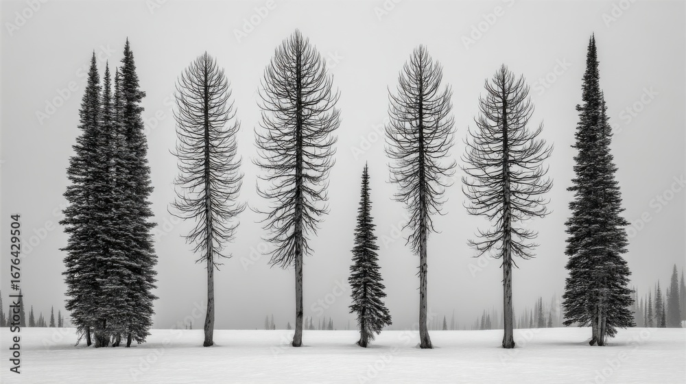 Obraz premium Winter landscape with snow-covered trees tranquil setting black and white photography nature aerial view minimalist concept