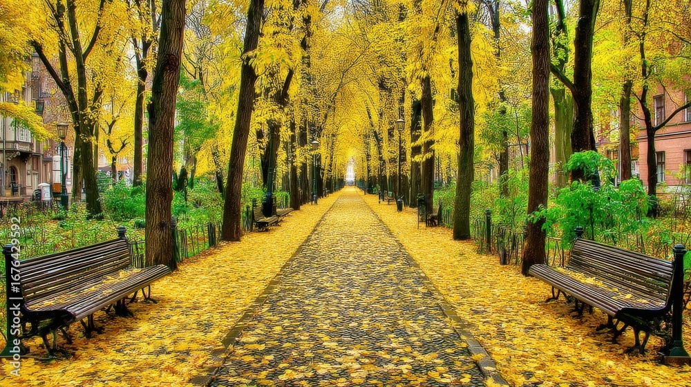 Naklejka premium Autumn stroll amidst golden leaves city park nature scene serene environment ground level view fall vibes