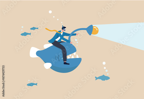 Business discovery, spotlight to guide success direction to find new opportunity, deep dive analysis or leadership challenge way, businessman riding angler fish with spotlight to search for success. 
