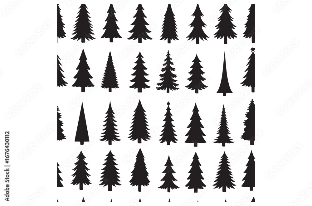 Obraz premium Tree silhouette vector bundle, black tree icons set, pine, oak, leafless and forest trees, nature illustration elements for design, bare and leafy trees, botanical, icon, Isolated, retro on white back